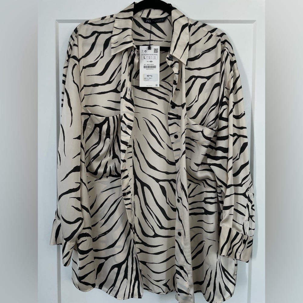 Zara Black and Cream Zebra Print Button Down Shirt